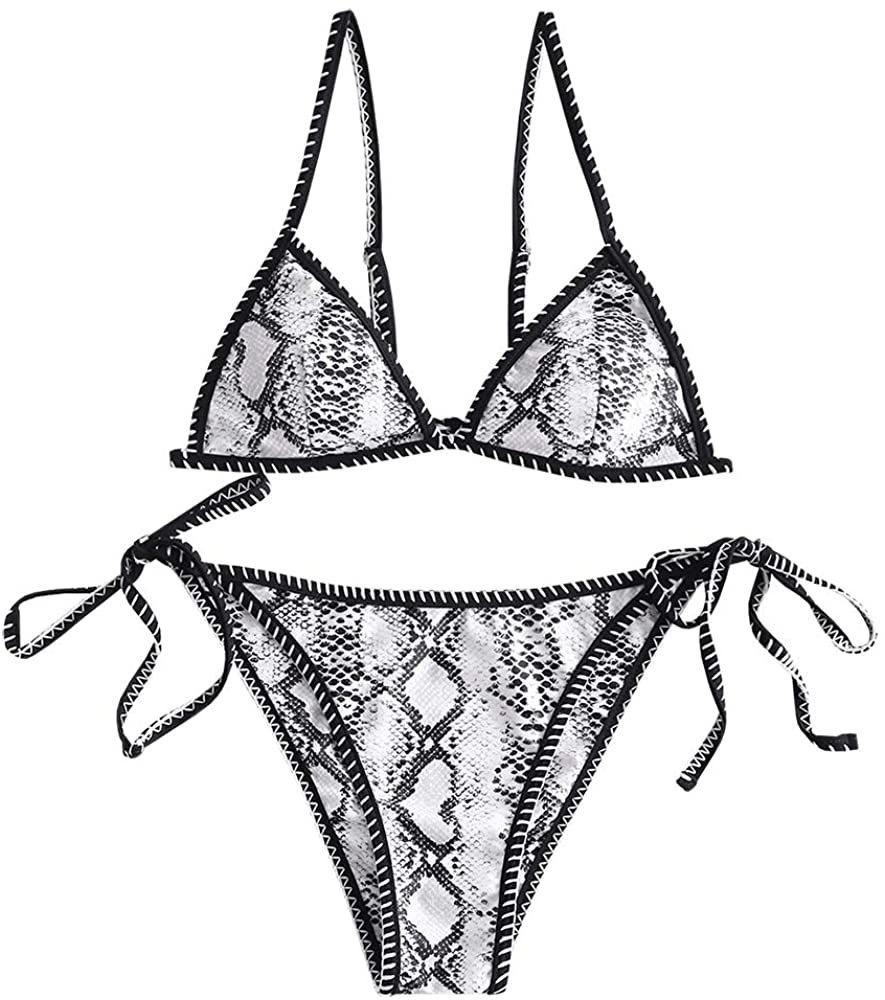 ZAFUL Women's Whip Stitch Textured String Triangle Bikini Set Two Piece Swimsuit Apparel & Accessories > Clothing > Swimwear ZAFUL Snakeskin 2 Large