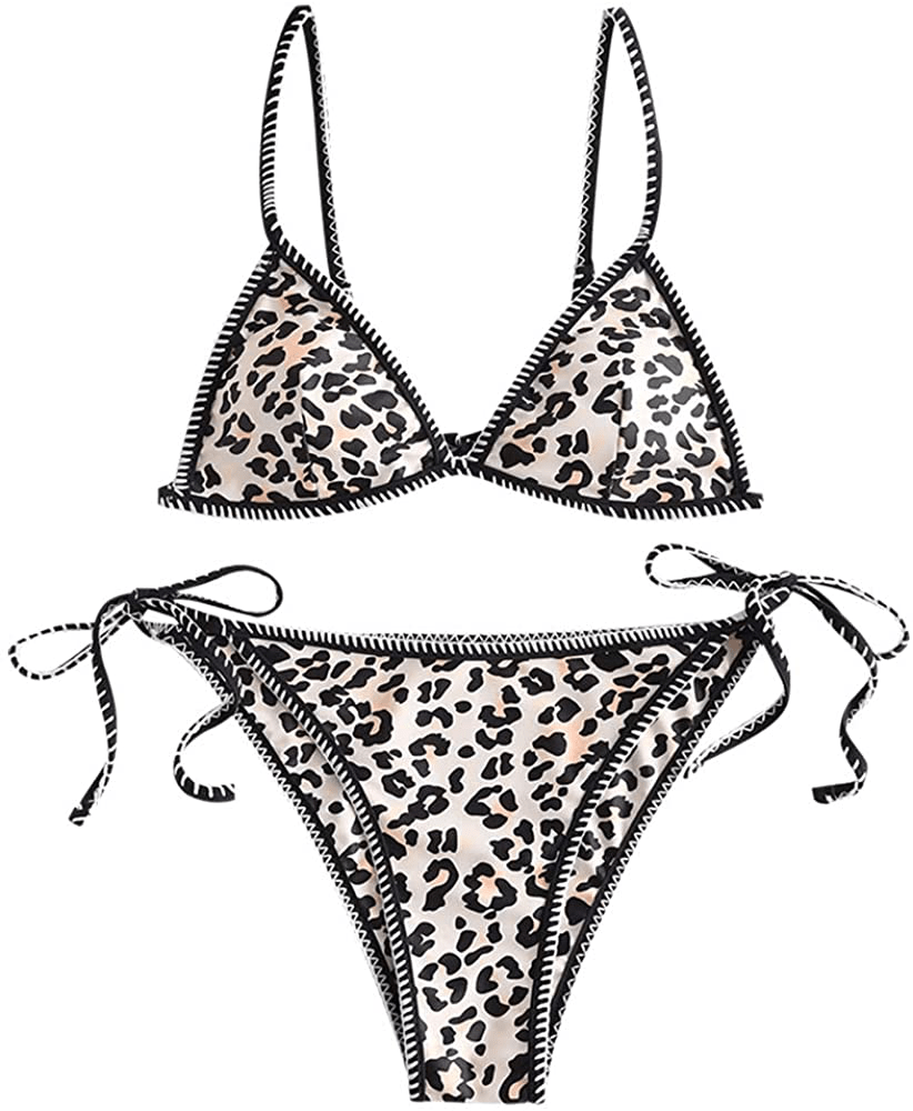 ZAFUL Women's Whip Stitch Textured String Triangle Bikini Set Two Piece Swimsuit Apparel & Accessories > Clothing > Swimwear ZAFUL Leopard Large