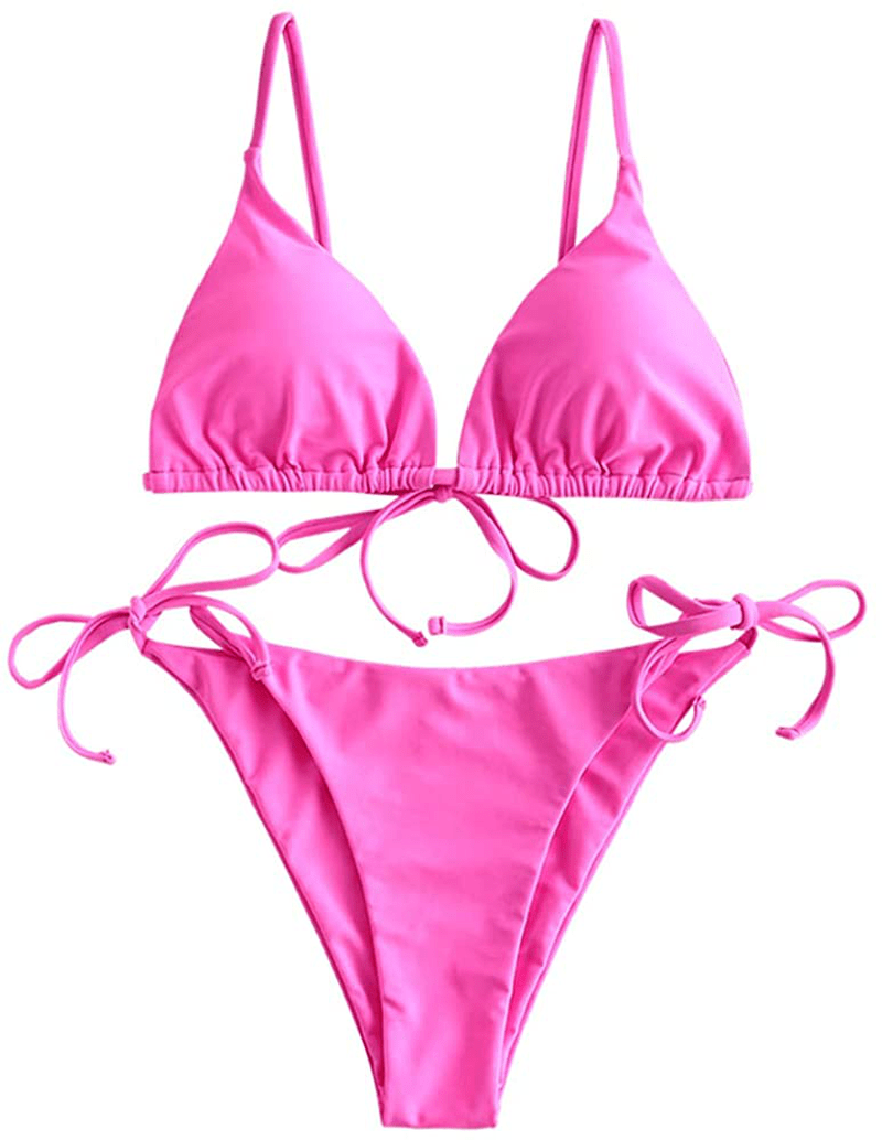 ZAFUL Women's Whip Stitch Textured String Triangle Bikini Set Two Piece Swimsuit Apparel & Accessories > Clothing > Swimwear ZAFUL Solid-hot Pink Large