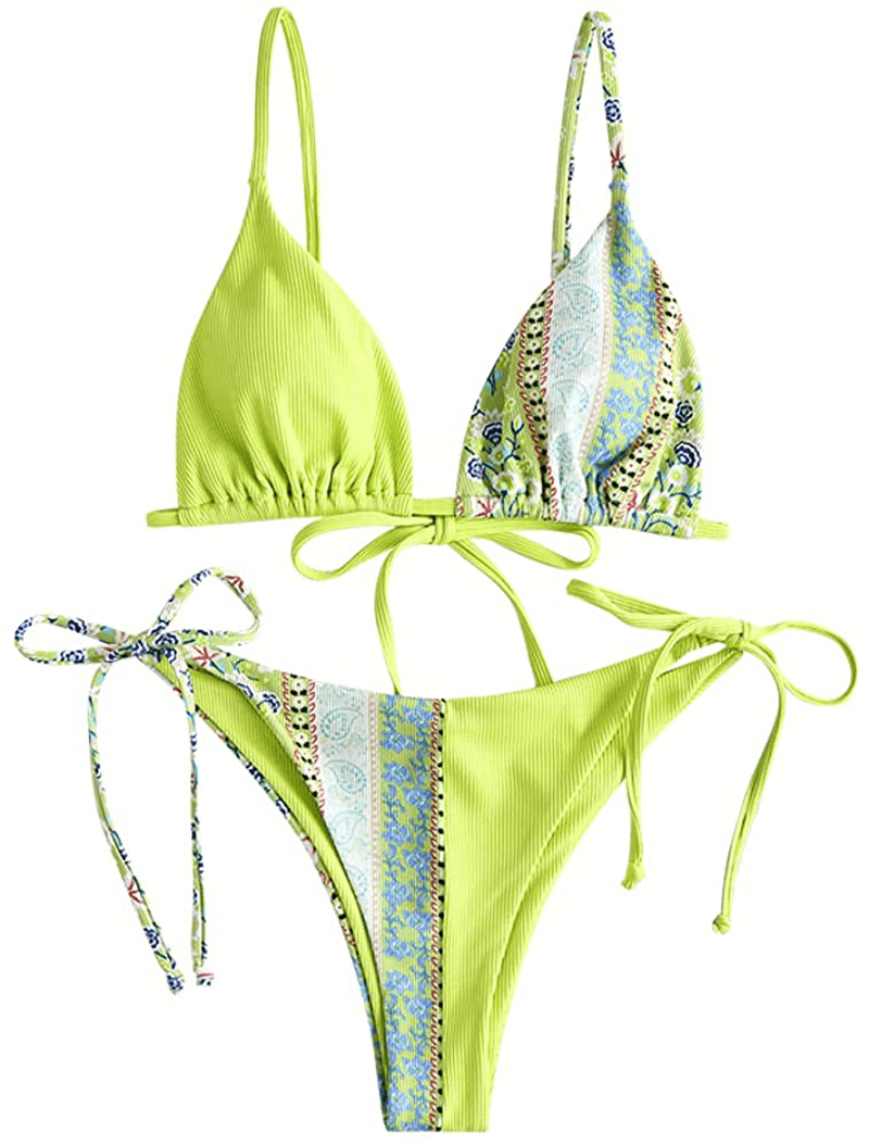 ZAFUL Women's Whip Stitch Textured String Triangle Bikini Set Two Piece Swimsuit Apparel & Accessories > Clothing > Swimwear ZAFUL A-green Large