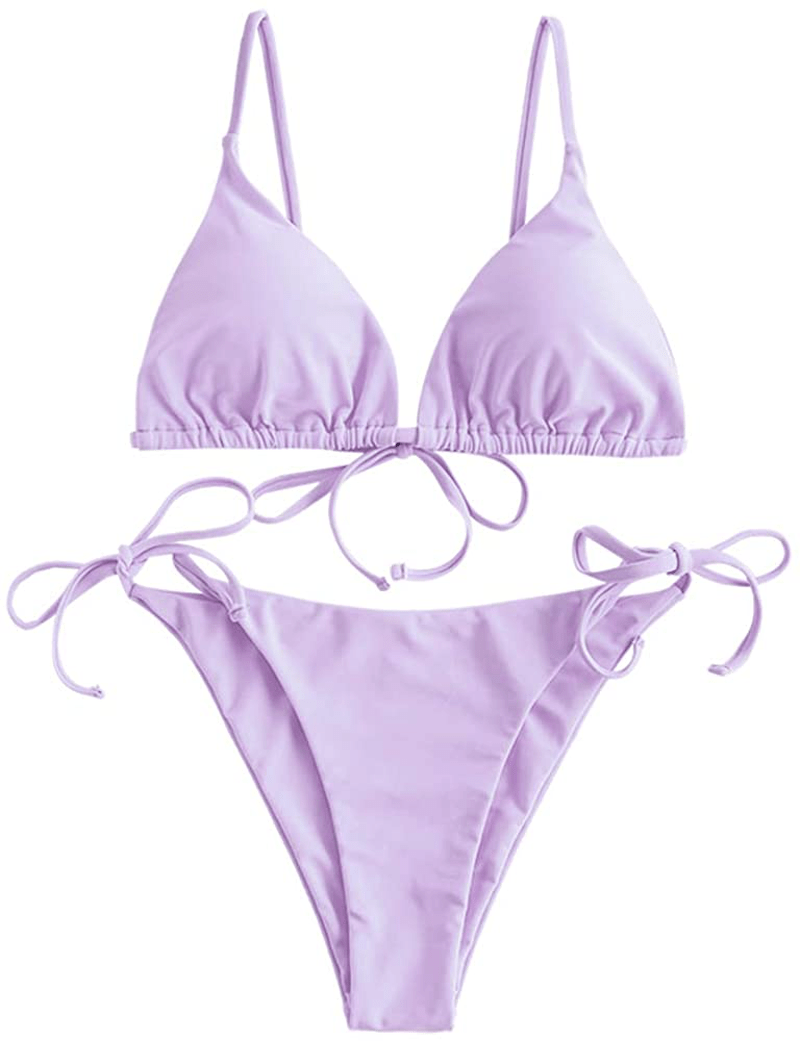 ZAFUL Women's Whip Stitch Textured String Triangle Bikini Set Two Piece Swimsuit Apparel & Accessories > Clothing > Swimwear ZAFUL Solid-light Purple Small