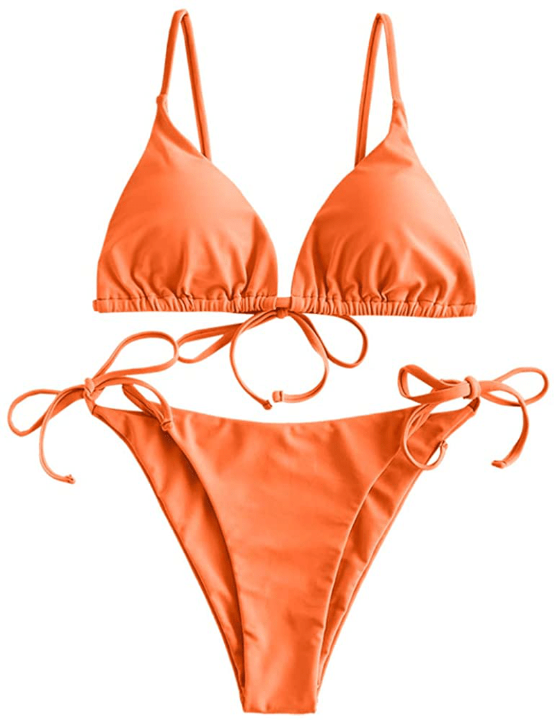 ZAFUL Women's Whip Stitch Textured String Triangle Bikini Set Two Piece Swimsuit Apparel & Accessories > Clothing > Swimwear ZAFUL Solid-orange Small