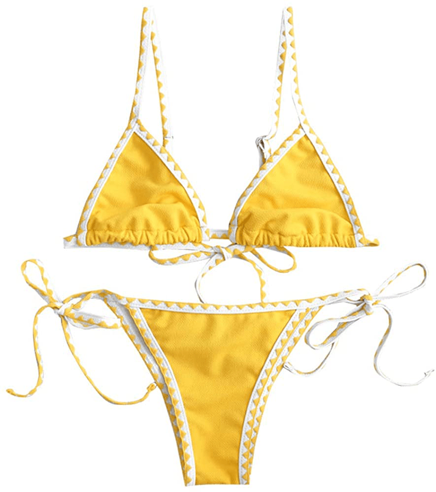 ZAFUL Women's Whip Stitch Textured String Triangle Bikini Set Two Piece Swimsuit Apparel & Accessories > Clothing > Swimwear ZAFUL Yellow Small