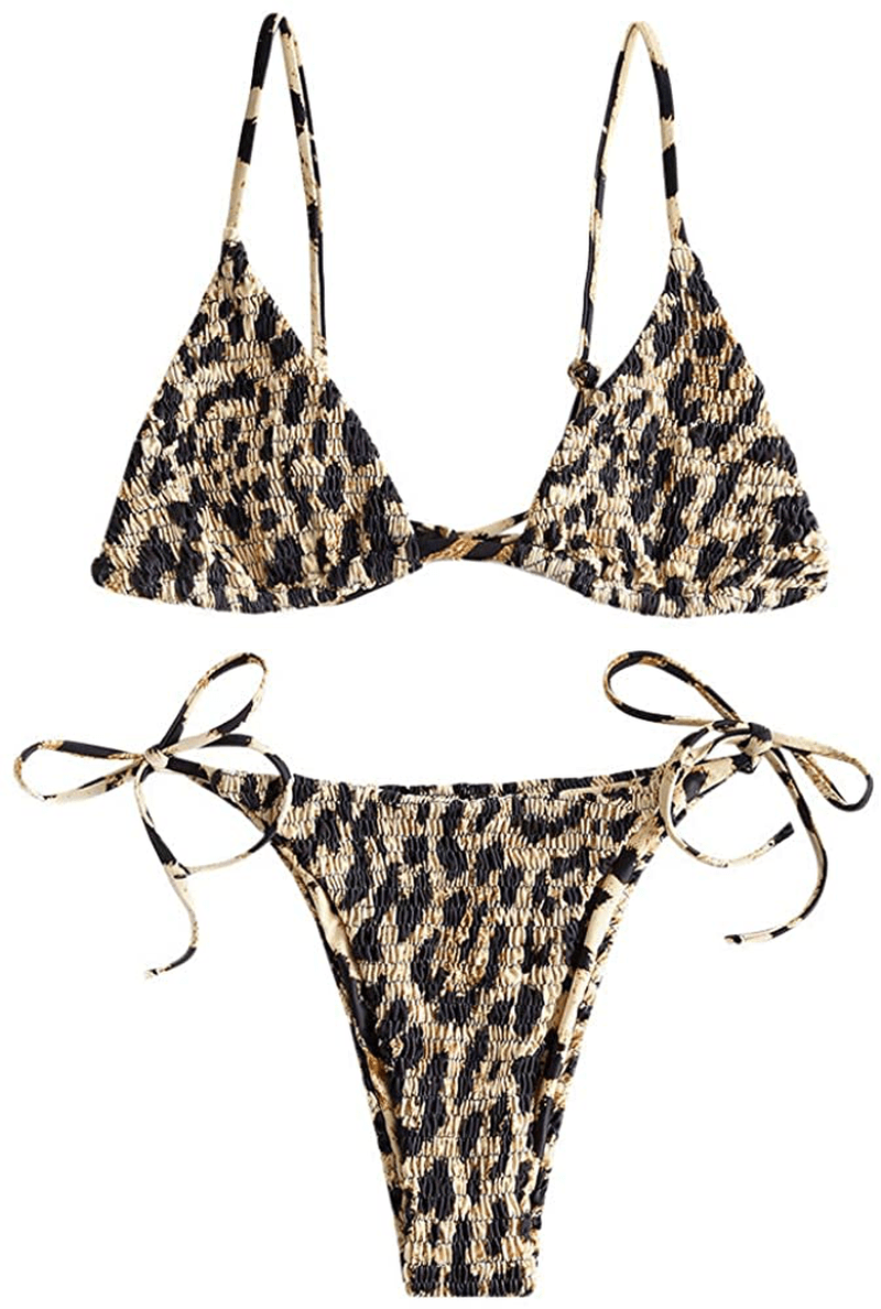 ZAFUL Women's Whip Stitch Textured String Triangle Bikini Set Two Piece Swimsuit Apparel & Accessories > Clothing > Swimwear ZAFUL F-leopard Medium