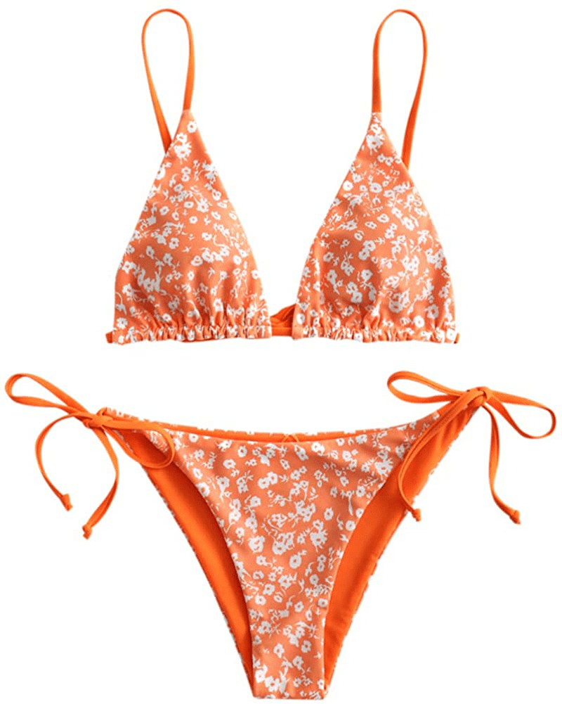 ZAFUL Women's Whip Stitch Textured String Triangle Bikini Set Two Piece Swimsuit Apparel & Accessories > Clothing > Swimwear ZAFUL B-pumpkin Orange Large