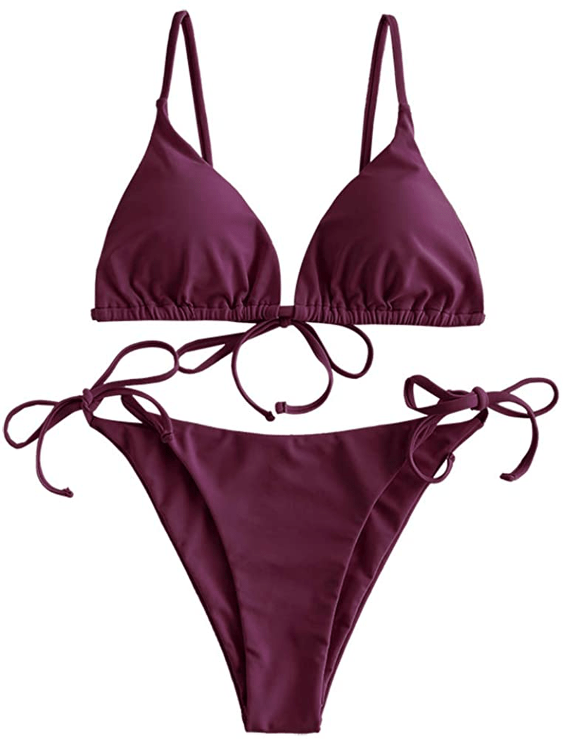ZAFUL Women's Whip Stitch Textured String Triangle Bikini Set Two Piece Swimsuit Apparel & Accessories > Clothing > Swimwear ZAFUL Solid-plum Pie Large