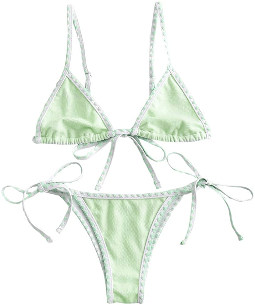 ZAFUL Women's Whip Stitch Textured String Triangle Bikini Set Two Piece Swimsuit Apparel & Accessories > Clothing > Swimwear ZAFUL Mint Green Large
