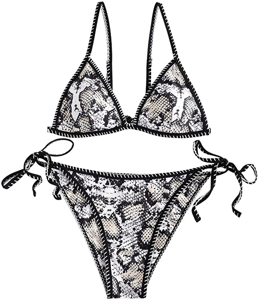 ZAFUL Women's Whip Stitch Textured String Triangle Bikini Set Two Piece Swimsuit Apparel & Accessories > Clothing > Swimwear ZAFUL Snakeskin Medium