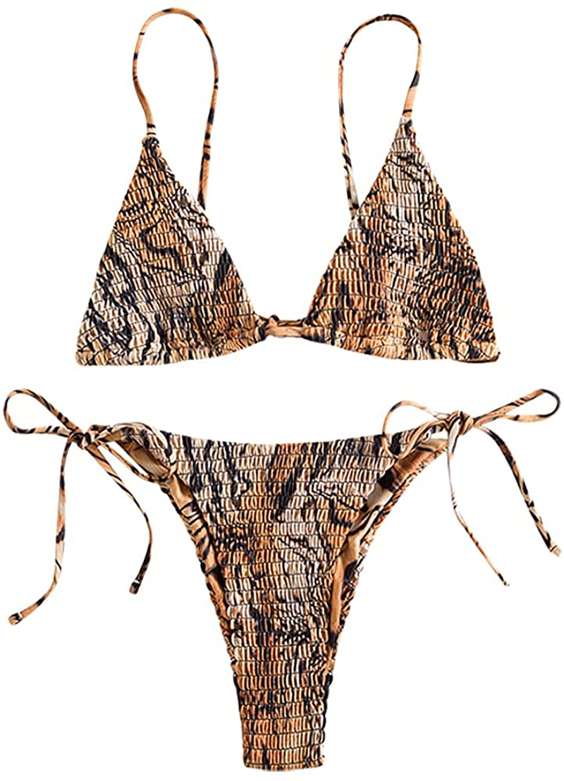 ZAFUL Women's Whip Stitch Textured String Triangle Bikini Set Two Piece Swimsuit Apparel & Accessories > Clothing > Swimwear ZAFUL F-brown Small