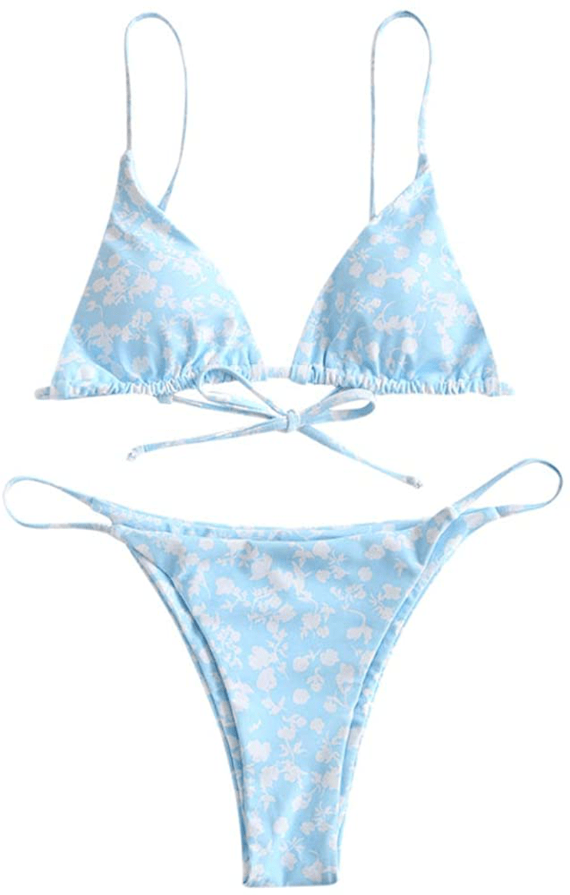 ZAFUL Women's Whip Stitch Textured String Triangle Bikini Set Two Piece Swimsuit Apparel & Accessories > Clothing > Swimwear ZAFUL G-light Blue Large