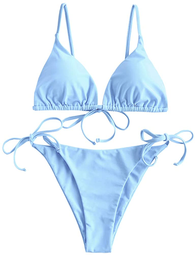 ZAFUL Women's Whip Stitch Textured String Triangle Bikini Set Two Piece Swimsuit Apparel & Accessories > Clothing > Swimwear ZAFUL Solid-light Blue Large