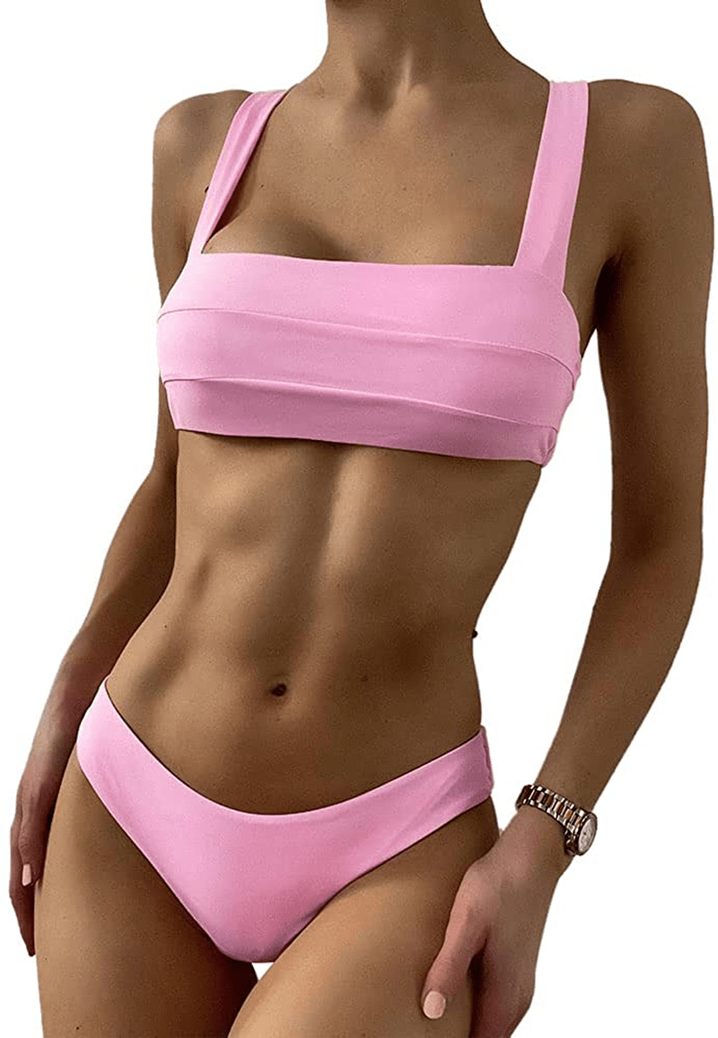 ZAFUL Women's Wide Straps Padded Bandeau Bikini Set Apparel & Accessories > Clothing > Swimwear ZAFUL Pink Large