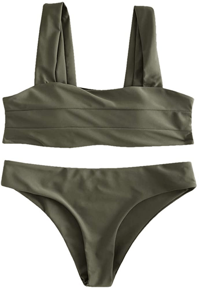 ZAFUL Women's Wide Straps Padded Bandeau Bikini Set Apparel & Accessories > Clothing > Swimwear ZAFUL Camouflage Green Small