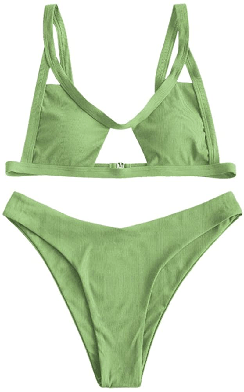 ZAFUL Womens Ribbed Braided Cut Out Bikini Set Sexy Adjustable Straps Two Piece Swimsuits Apparel & Accessories > Clothing > Swimwear ZAFUL Green#d Medium