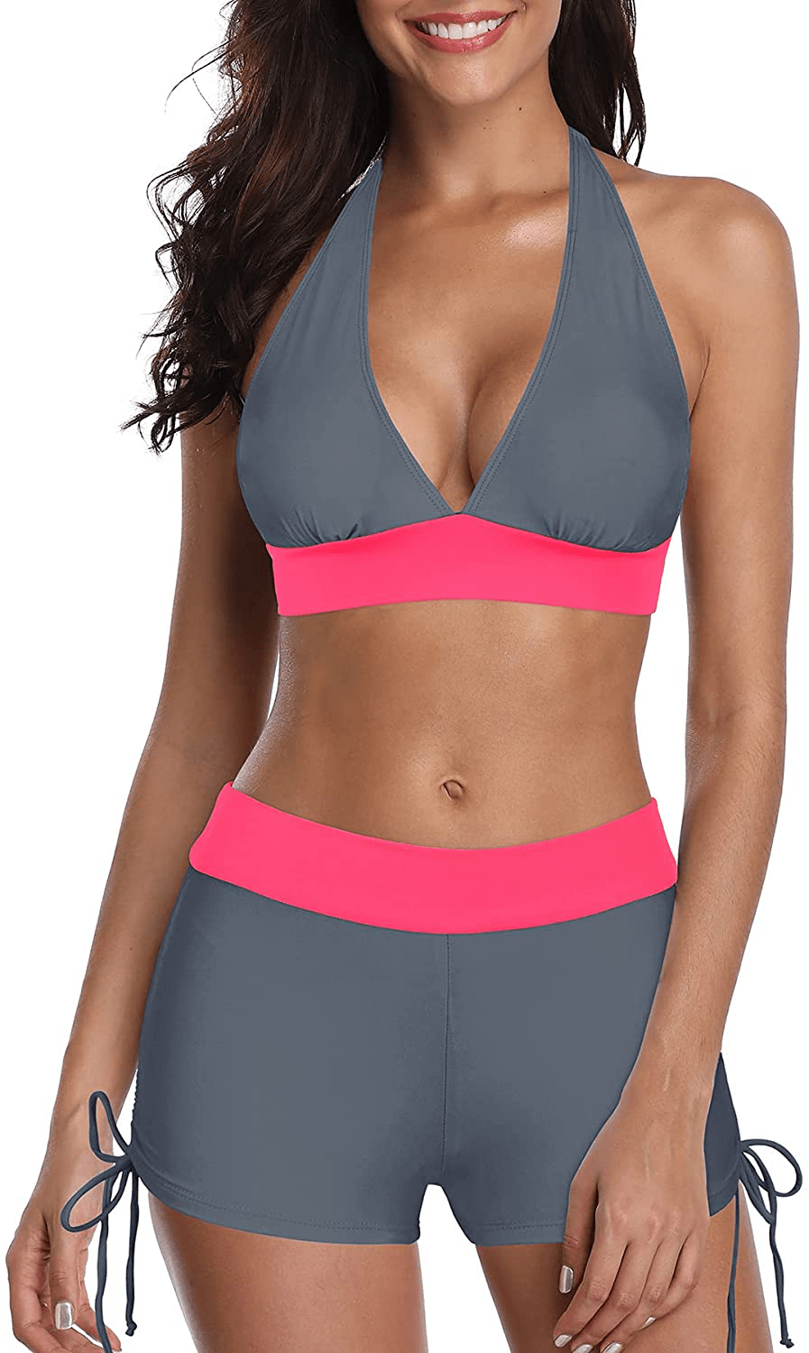 Zando Bikini Swimsuit for Women Boyshort Two Piece Bathsuit Athletic V Neck Swimwear Vintage Halter Swimming Suits Apparel & Accessories > Clothing > Swimwear KYLIE MAX D Neon Grey Pink 10-12