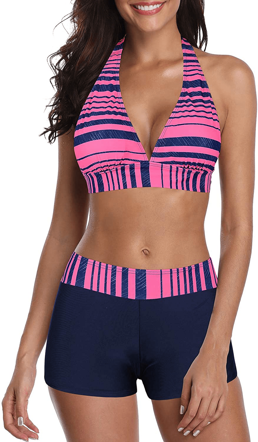 Zando Bikini Swimsuit for Women Boyshort Two Piece Bathsuit Athletic V Neck Swimwear Vintage Halter Swimming Suits Apparel & Accessories > Clothing > Swimwear KYLIE MAX B Pink Blue 2-4
