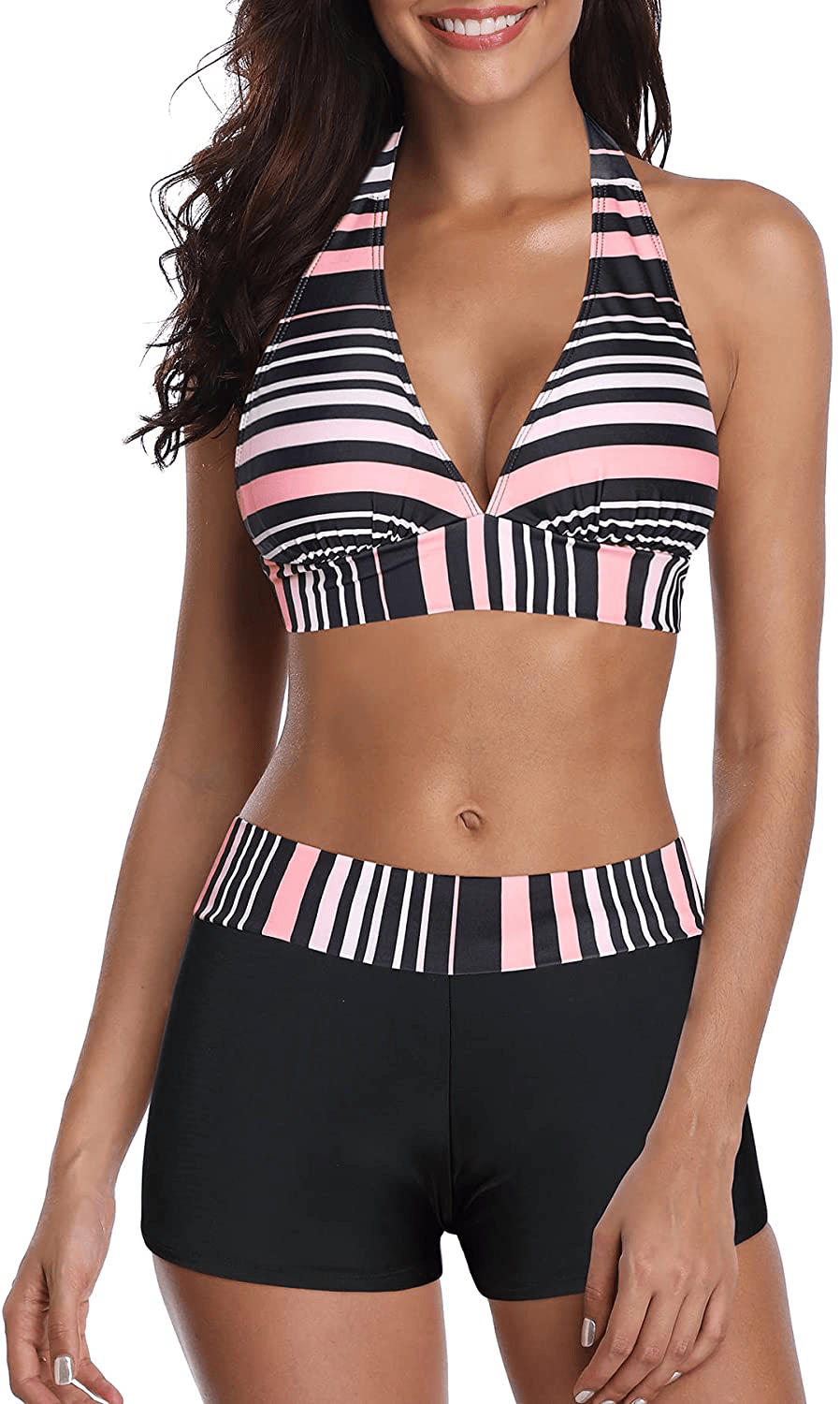Zando Bikini Swimsuit for Women Boyshort Two Piece Bathsuit Athletic V Neck Swimwear Vintage Halter Swimming Suits Apparel & Accessories > Clothing > Swimwear KYLIE MAX B Cute Stripe 10-12