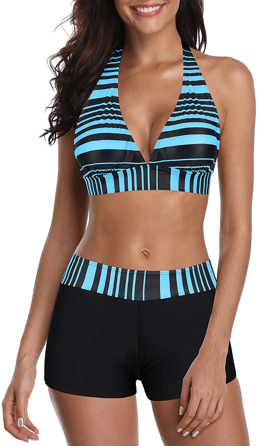 Zando Bikini Swimsuit for Women Boyshort Two Piece Bathsuit Athletic V Neck Swimwear Vintage Halter Swimming Suits Apparel & Accessories > Clothing > Swimwear KYLIE MAX B Black Blue Stripe 2-4