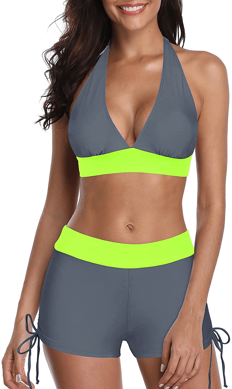 Zando Bikini Swimsuit for Women Boyshort Two Piece Bathsuit Athletic V Neck Swimwear Vintage Halter Swimming Suits Apparel & Accessories > Clothing > Swimwear KYLIE MAX D Neon Grey Green 8-10