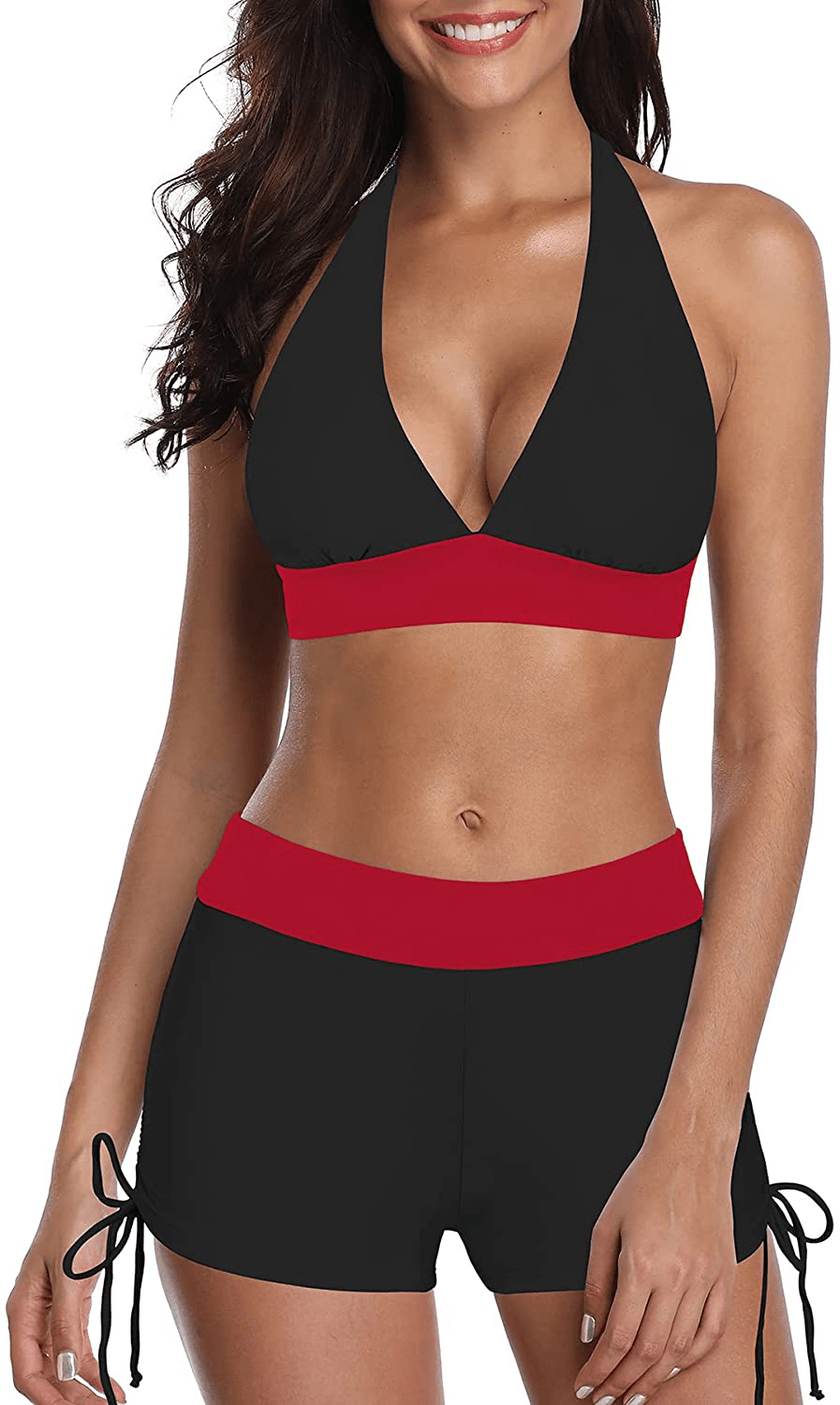 Zando Bikini Swimsuit for Women Boyshort Two Piece Bathsuit Athletic V Neck Swimwear Vintage Halter Swimming Suits Apparel & Accessories > Clothing > Swimwear KYLIE MAX D Neon Black Red 2-4