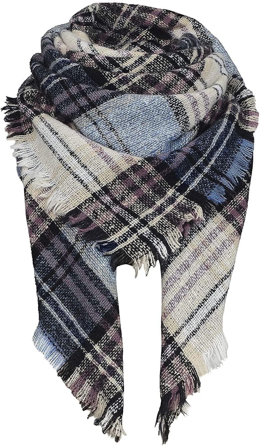 Zando Plaid Blanket Thick Winter Scarf Tartan Chunky Wrap Oversized Shawl Cape Scarves Apparel & Accessories > Clothing Accessories > Scarves & Shawls KYLIE MAX Yy Blue Beige Stripe One Size