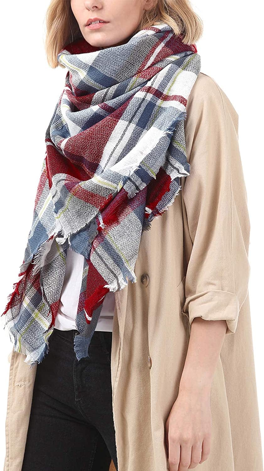 Zando Womens Plaid Scarf Classic Fall Winter Scarf Tassel Chunky Wrap Oversized Shawl Cape Scarves Apparel & Accessories > Clothing Accessories > Scarves & Shawls KYLIE MAX