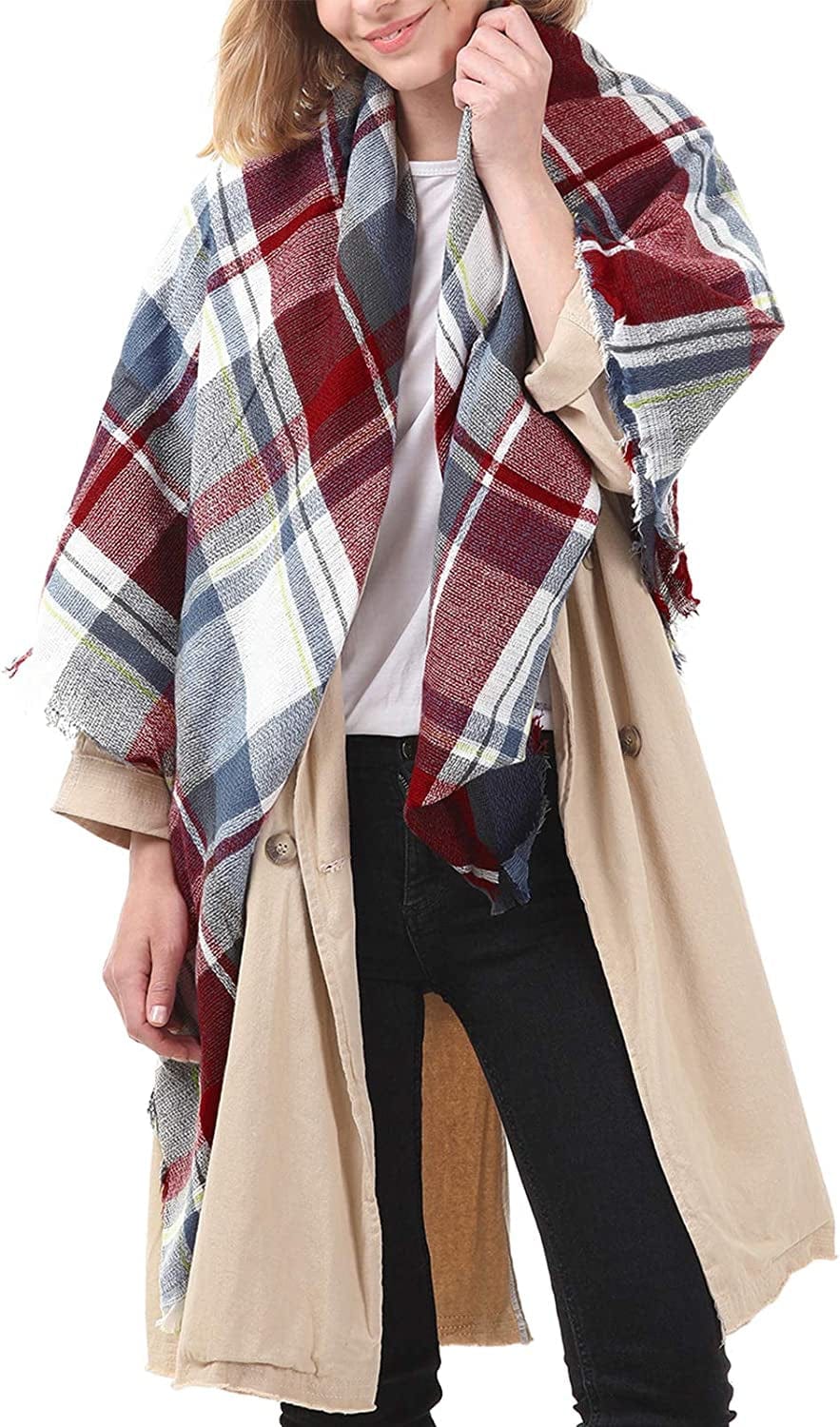 Zando Womens Plaid Scarf Classic Fall Winter Scarf Tassel Chunky Wrap Oversized Shawl Cape Scarves Apparel & Accessories > Clothing Accessories > Scarves & Shawls KYLIE MAX