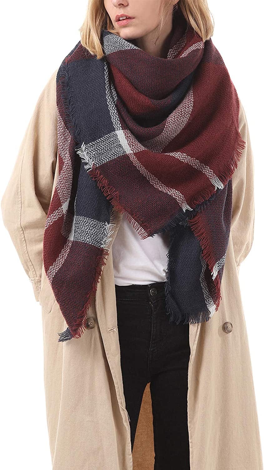 Zando Womens Plaid Scarf Classic Fall Winter Scarf Tassel Chunky Wrap Oversized Shawl Cape Scarves Apparel & Accessories > Clothing Accessories > Scarves & Shawls KYLIE MAX C Burgundy Navy Scarf One Size
