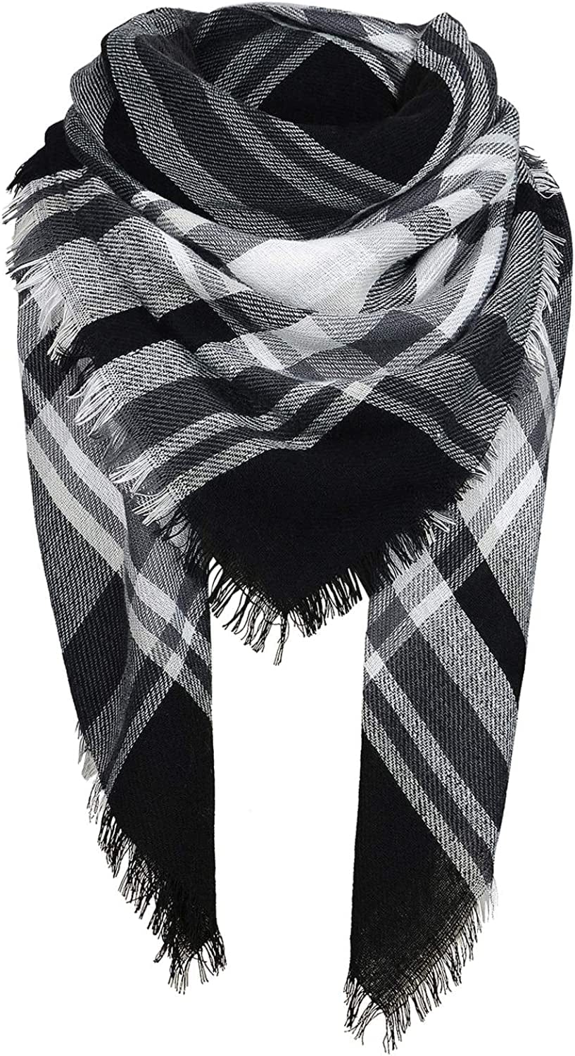 Zando Womens Plaid Scarf Classic Fall Winter Scarf Tassel Chunky Wrap Oversized Shawl Cape Scarves Apparel & Accessories > Clothing Accessories > Scarves & Shawls KYLIE MAX G White Black Scarf One Size