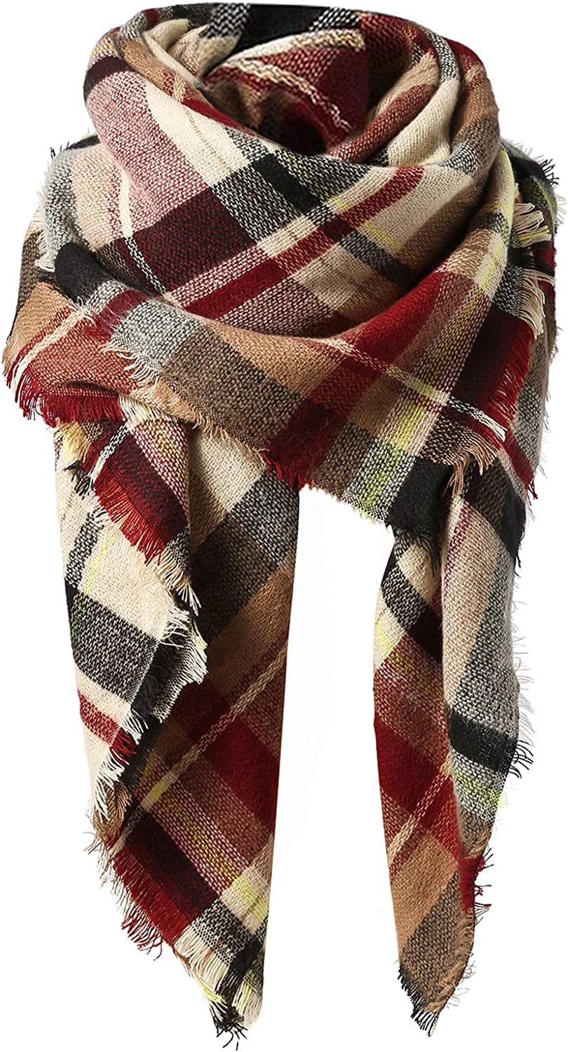 Zando Womens Plaid Scarf Classic Fall Winter Scarf Tassel Chunky Wrap Oversized Shawl Cape Scarves Apparel & Accessories > Clothing Accessories > Scarves & Shawls KYLIE MAX J Pink Scarf One Size