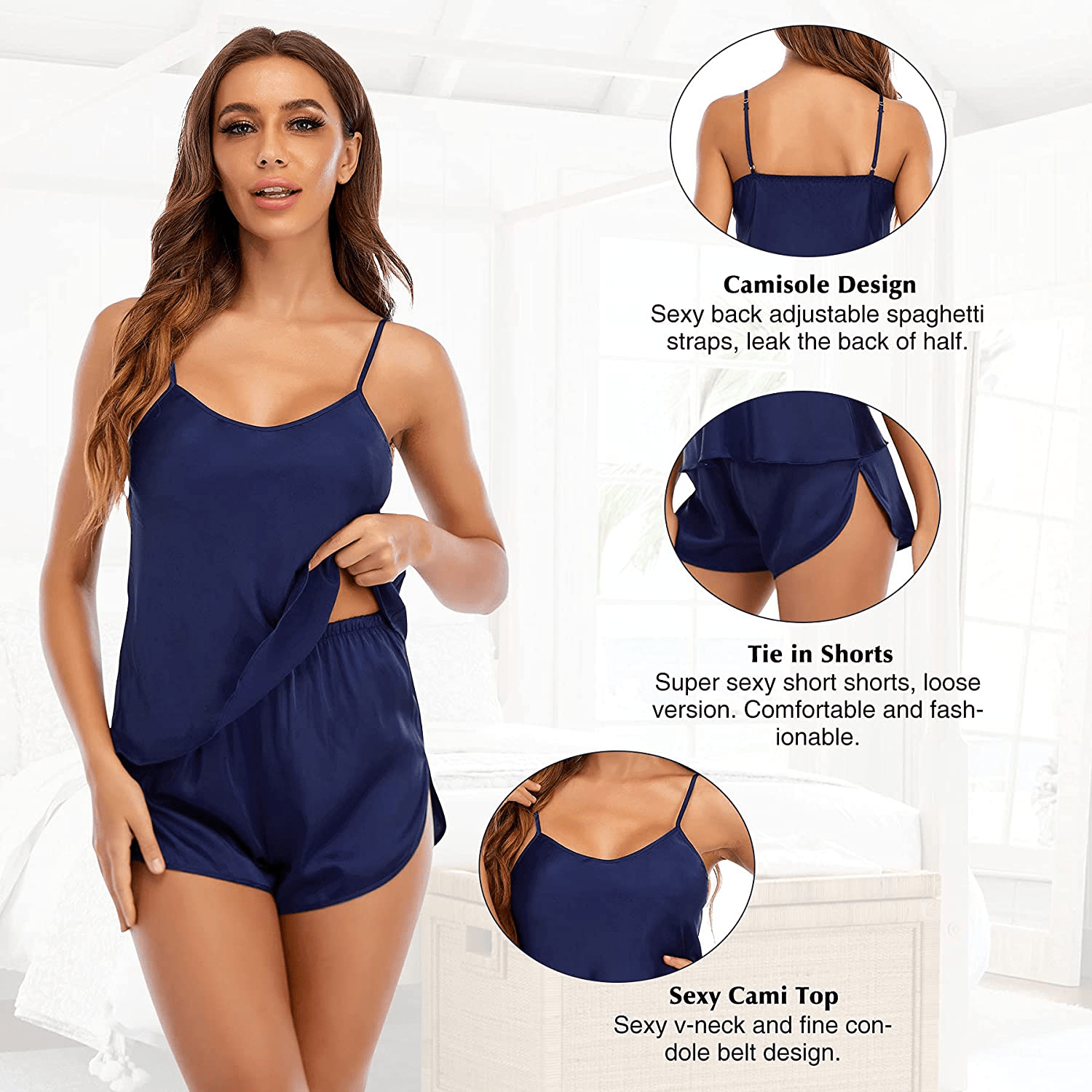 Zando Womens Satin Summer Pajama Silk Sleepwear Lingerie Shorts 2 Piece Cami Pajamas Set Sexy Back Nightwear PJ Sets Apparel & Accessories > Clothing > Sleepwear & Loungewear Kylie Max