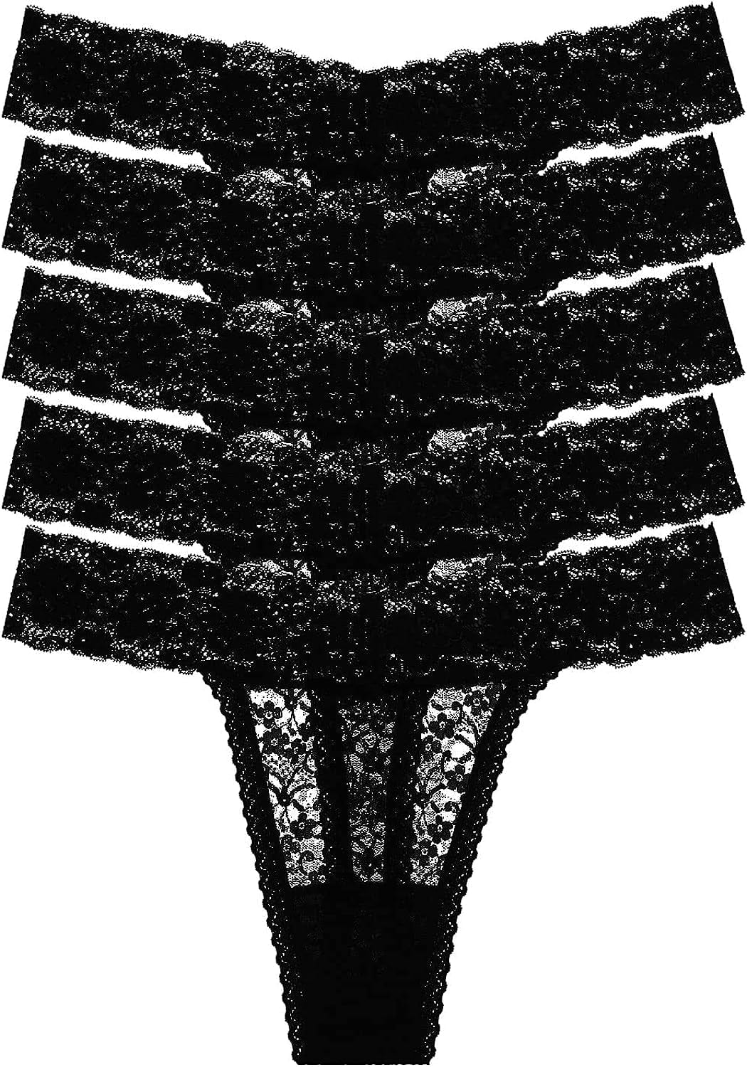 ZBORH Women'S Sexy Lace Cheeky Thong Underwear Nylon Hipster See through Panties Pack of 5 Black / X-Large