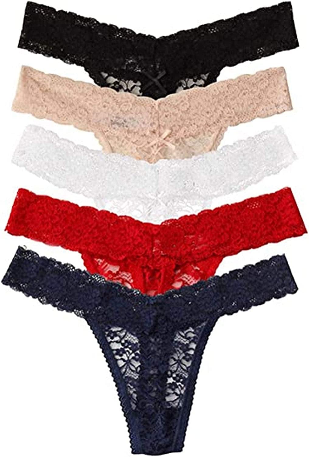 ZBORH Women'S Sexy Lace Cheeky Thong Underwear Nylon Hipster See through Panties Pack of 5 Multicolor / X-Large