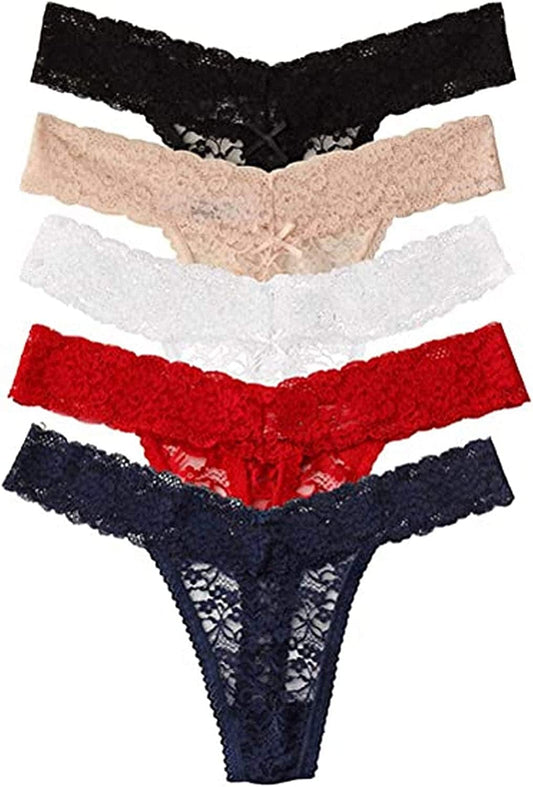 ZBORH Women'S Sexy Lace Cheeky Thong Underwear Nylon Hipster See through Panties Pack of 5 Multicolor / X-Large