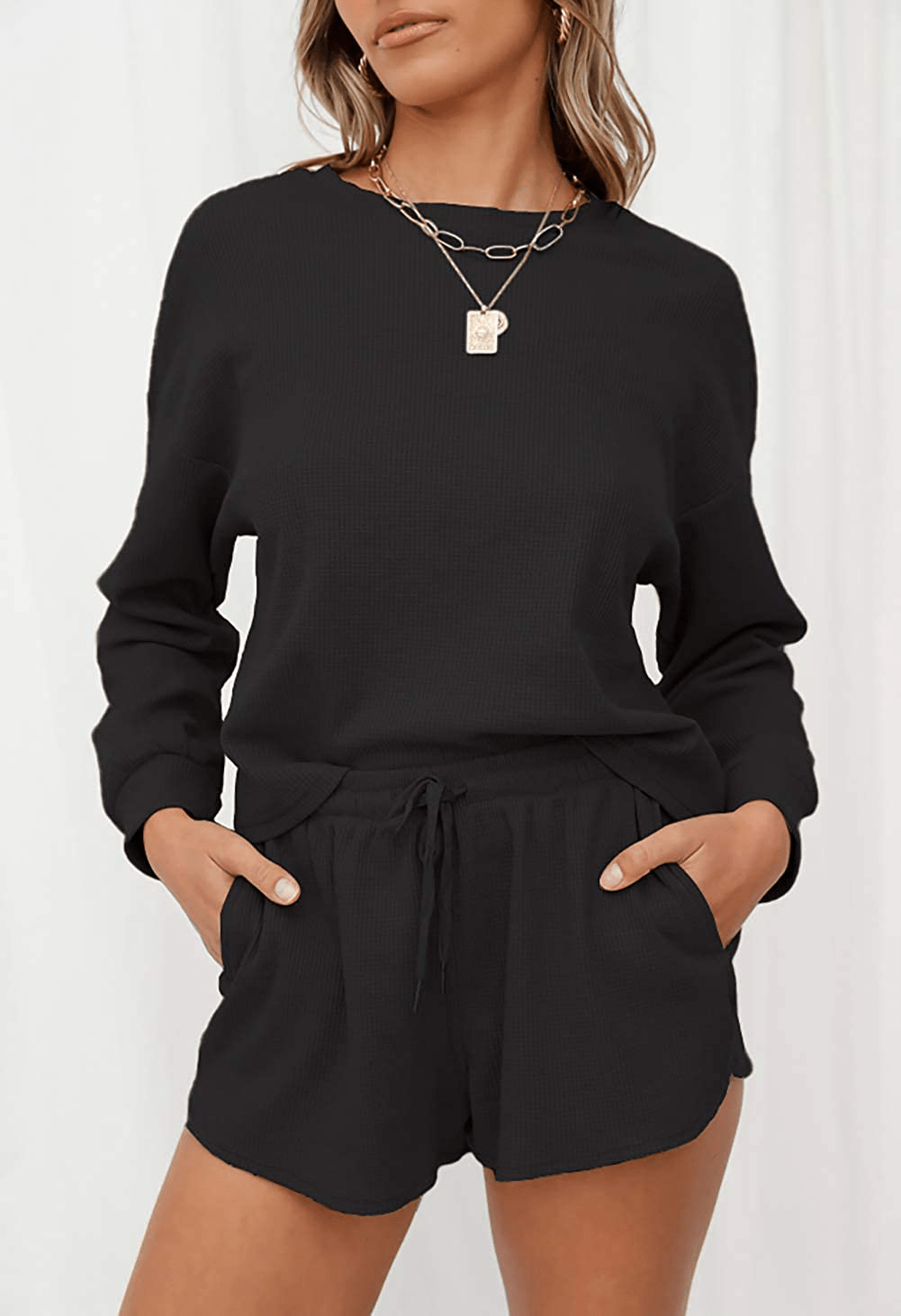 ZESICA Women's Waffle Knit Long Sleeve Top and Shorts Pullover Nightwear Lounge Pajama Set with Pockets Apparel & Accessories > Clothing > Sleepwear & Loungewear > Pajamas KYLIE MAX