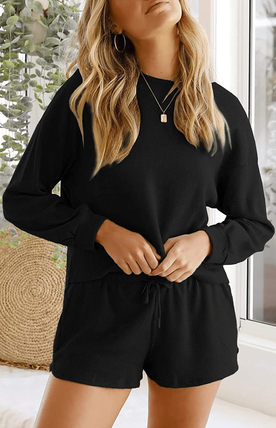 ZESICA Women's Waffle Knit Long Sleeve Top and Shorts Pullover Nightwear Lounge Pajama Set with Pockets Apparel & Accessories > Clothing > Sleepwear & Loungewear > Pajamas KYLIE MAX