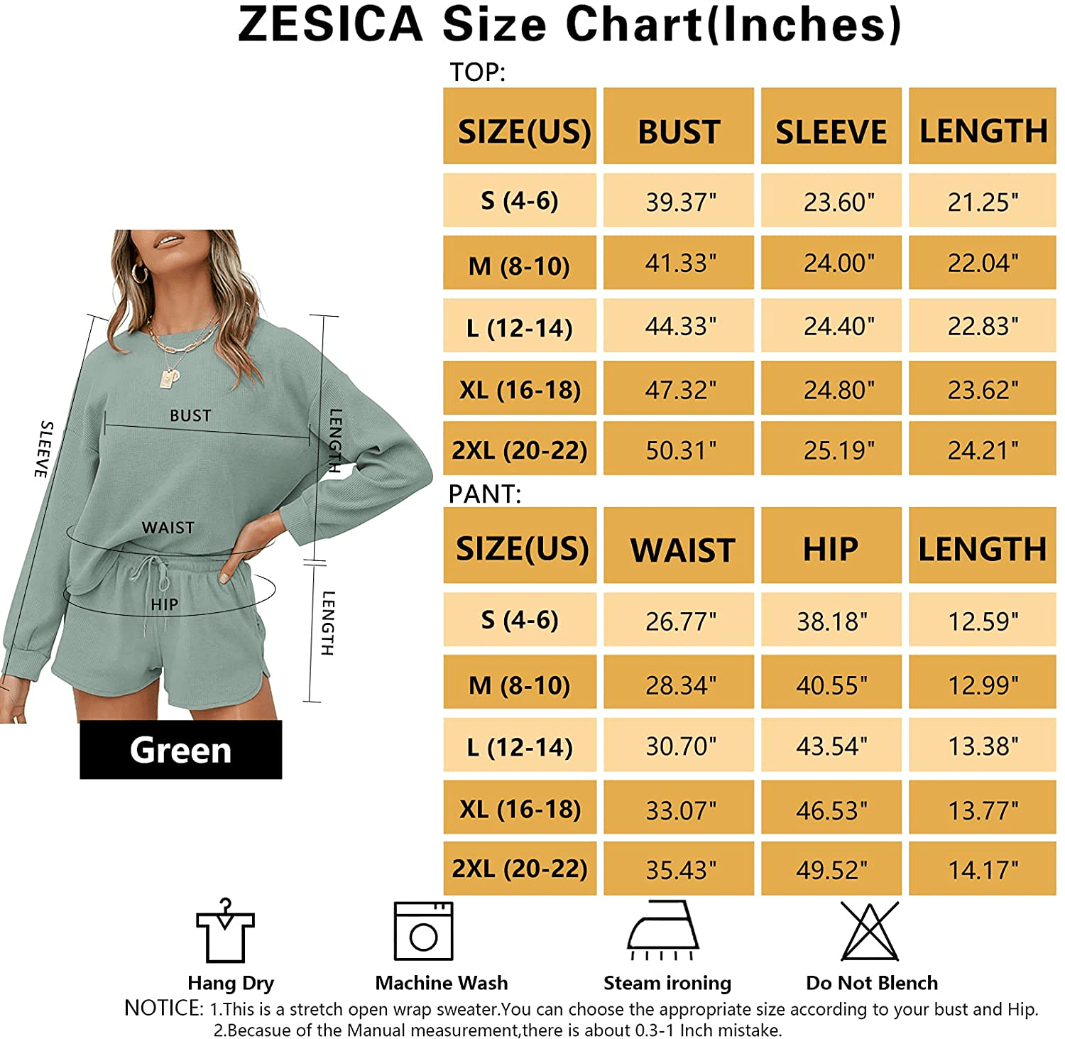 ZESICA Women's Waffle Knit Long Sleeve Top and Shorts Pullover Nightwear Lounge Pajama Set with Pockets Apparel & Accessories > Clothing > Sleepwear & Loungewear > Pajamas ZESICA
