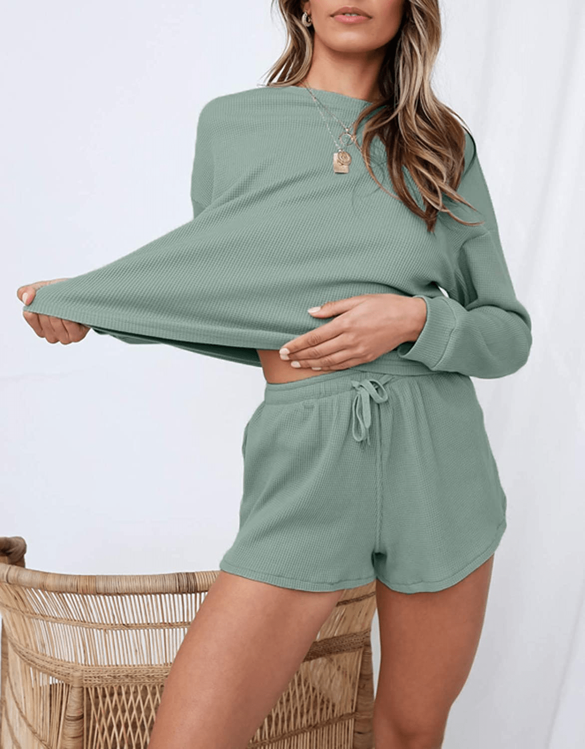 ZESICA Women's Waffle Knit Long Sleeve Top and Shorts Pullover Nightwear Lounge Pajama Set with Pockets Apparel & Accessories > Clothing > Sleepwear & Loungewear > Pajamas ZESICA