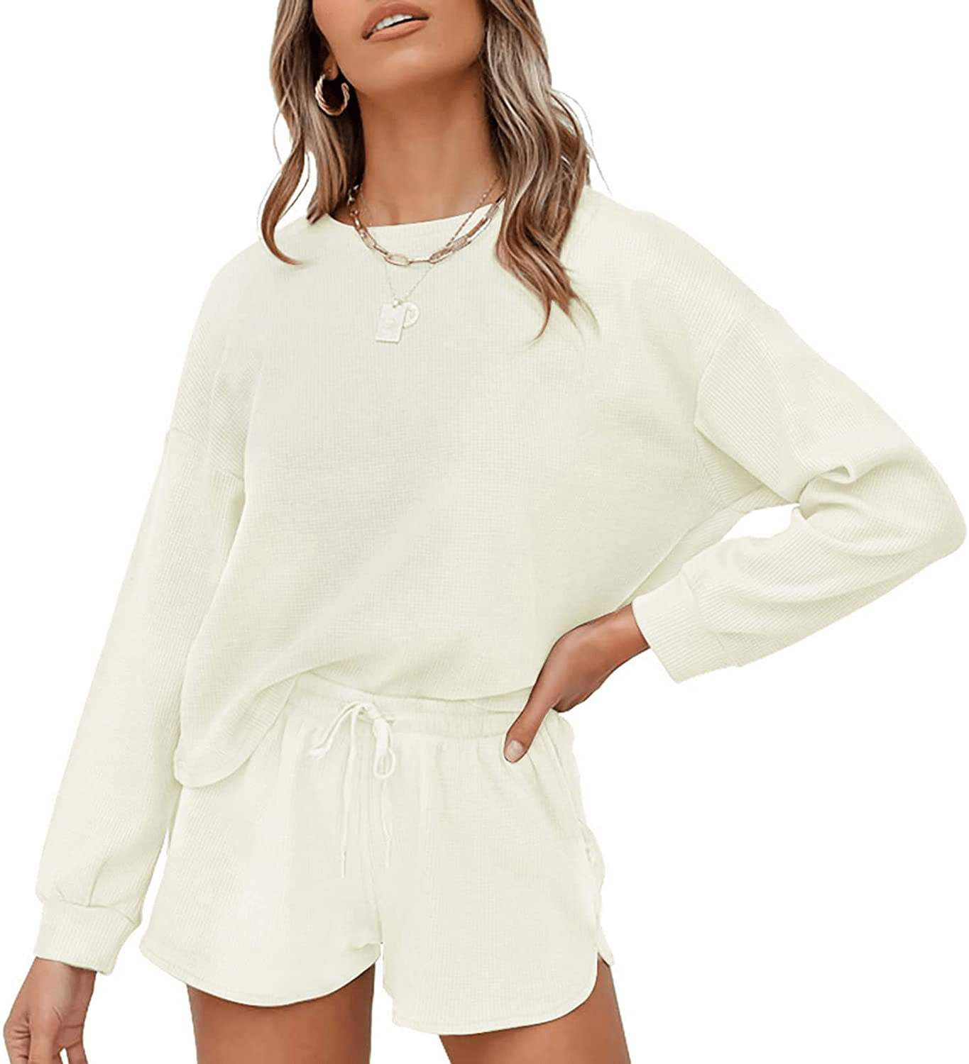 ZESICA Women's Waffle Knit Long Sleeve Top and Shorts Pullover Nightwear Lounge Pajama Set with Pockets Apparel & Accessories > Clothing > Sleepwear & Loungewear > Pajamas ZESICA Cream Large