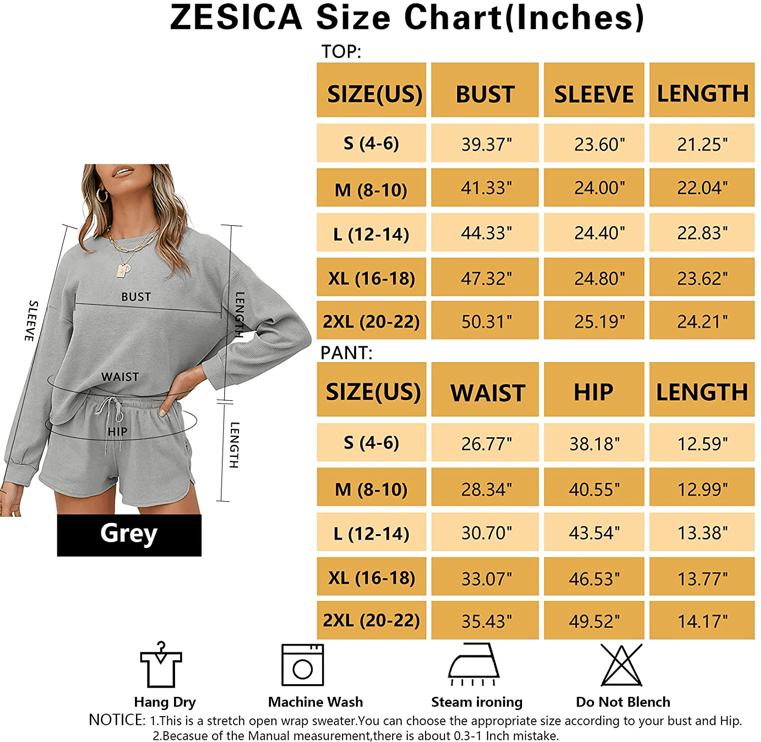 ZESICA Women's Waffle Knit Long Sleeve Top and Shorts Pullover Nightwear Lounge Pajama Set with Pockets Apparel & Accessories > Clothing > Sleepwear & Loungewear > Pajamas ZESICA