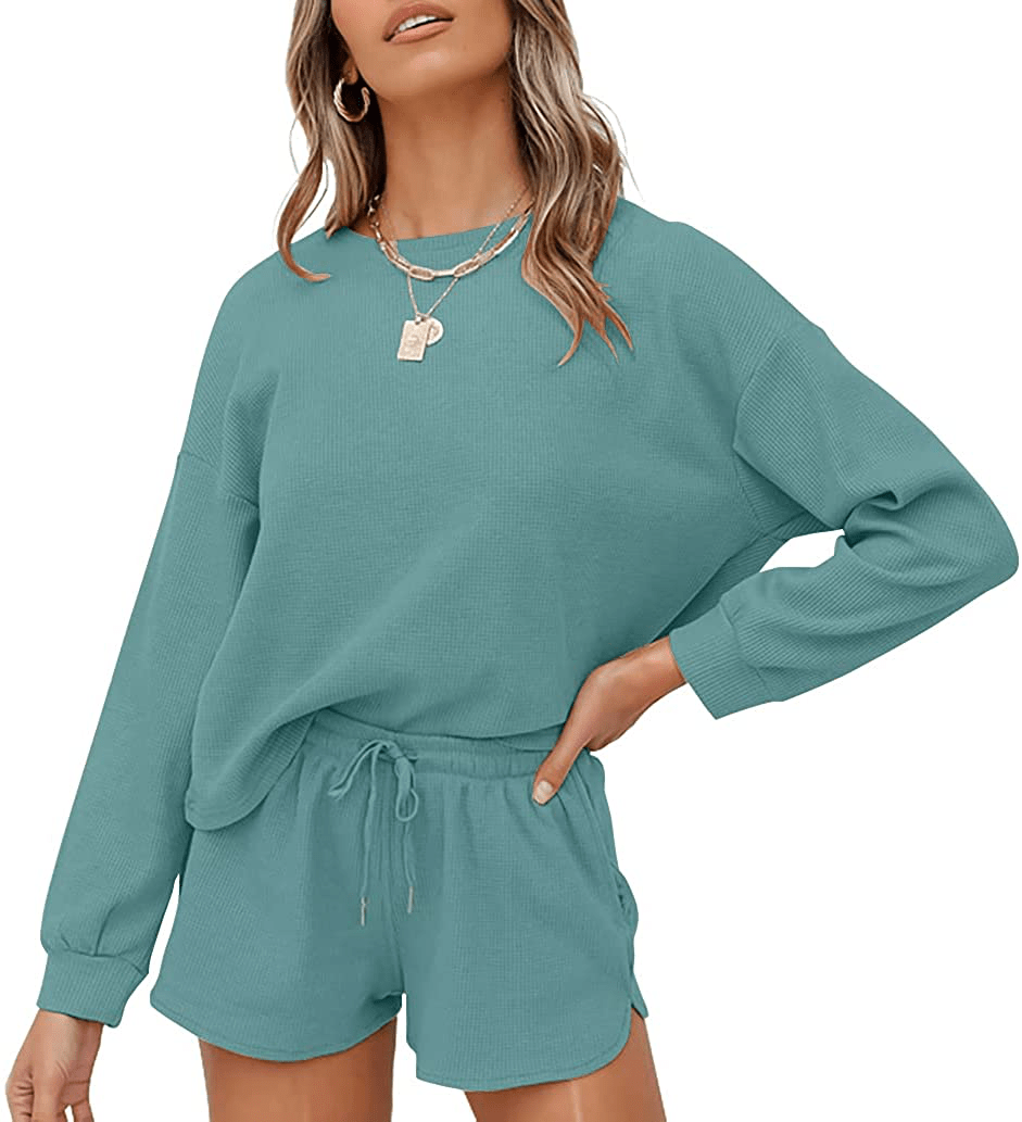ZESICA Women's Waffle Knit Long Sleeve Top and Shorts Pullover Nightwear Lounge Pajama Set with Pockets Apparel & Accessories > Clothing > Sleepwear & Loungewear > Pajamas ZESICA Turquoise Large