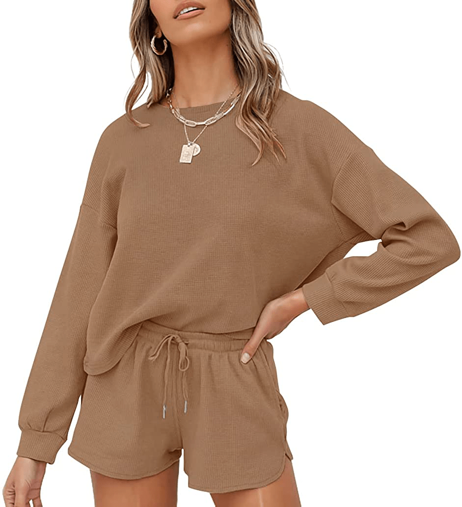 ZESICA Women's Waffle Knit Long Sleeve Top and Shorts Pullover Nightwear Lounge Pajama Set with Pockets Apparel & Accessories > Clothing > Sleepwear & Loungewear > Pajamas ZESICA Redbrown Large