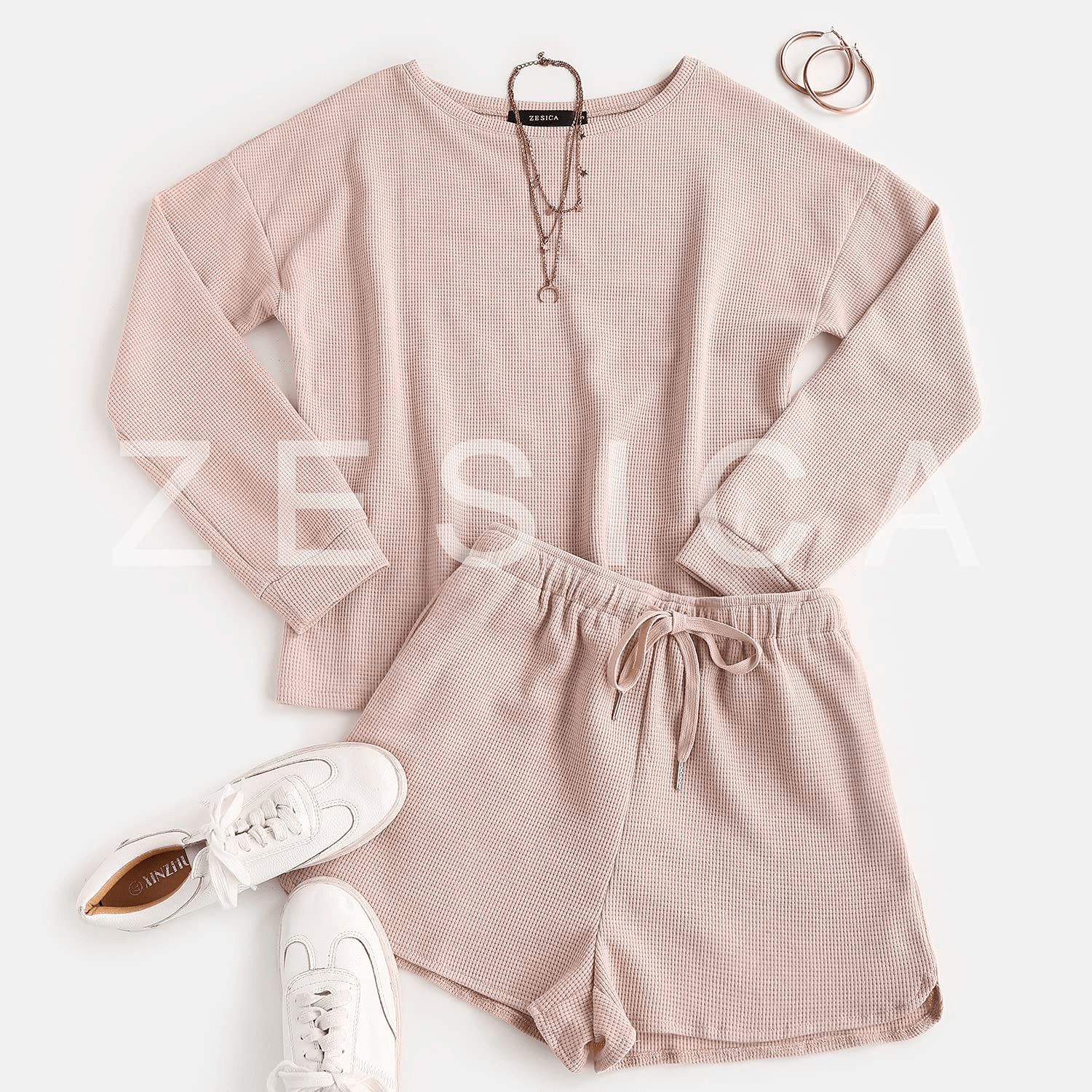 ZESICA Women's Waffle Knit Long Sleeve Top and Shorts Pullover Nightwear Lounge Pajama Set with Pockets Apparel & Accessories > Clothing > Sleepwear & Loungewear > Pajamas KYLIE MAX