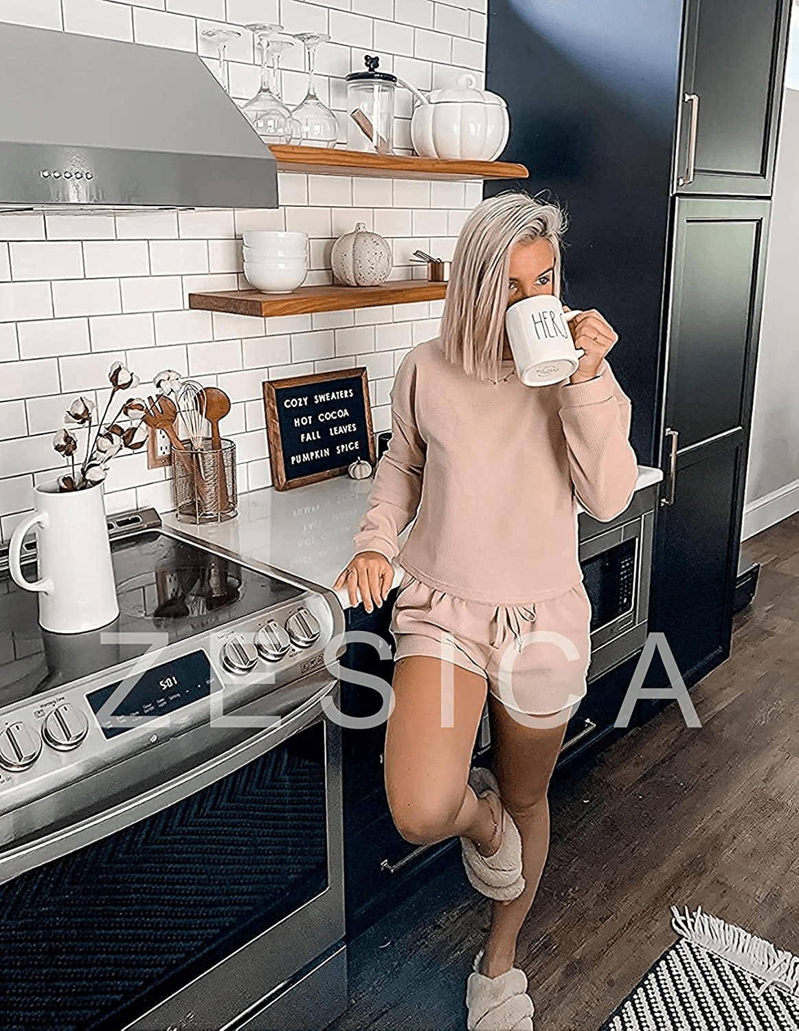 ZESICA Women's Waffle Knit Long Sleeve Top and Shorts Pullover Nightwear Lounge Pajama Set with Pockets Apparel & Accessories > Clothing > Sleepwear & Loungewear > Pajamas KYLIE MAX