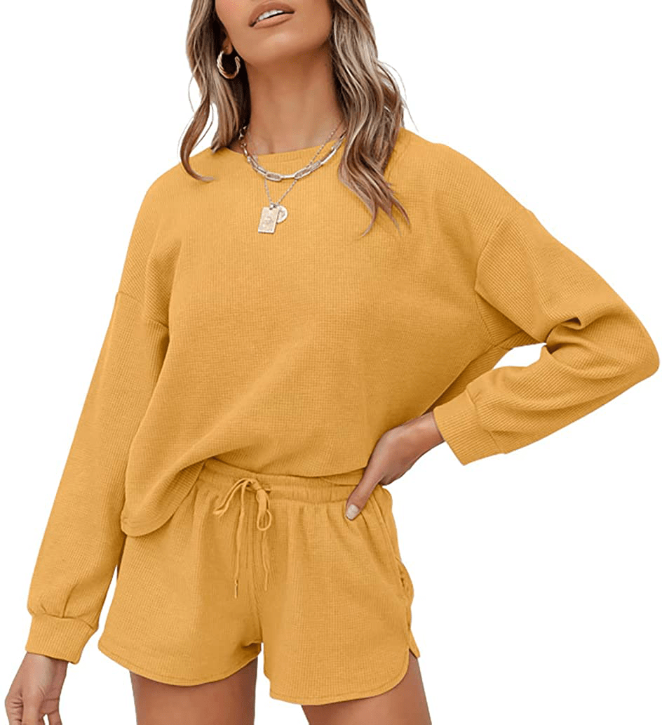 ZESICA Women's Waffle Knit Long Sleeve Top and Shorts Pullover Nightwear Lounge Pajama Set with Pockets Apparel & Accessories > Clothing > Sleepwear & Loungewear > Pajamas KYLIE MAX Yellow X-Large