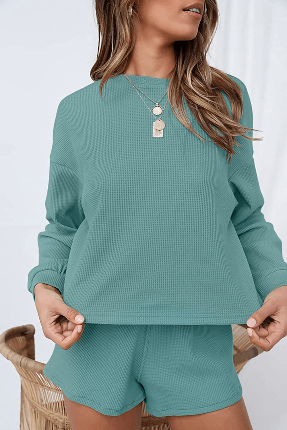 ZESICA Women'S Waffle Knit Long Sleeve Top and Shorts Pullover Nightwear Lounge Pajama Set with Pockets Apparel & Accessories > Clothing > Sleepwear & Loungewear > Pajamas Kylie Max