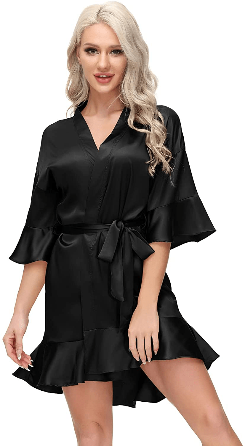 Zexxxy Women'S Satin Robes Ruffle Bridesmaids Bathrobe 3/4 Sleeve Silk Solid Kimono Sleepwear S-XXL Apparel & Accessories > Clothing > Sleepwear & Loungewear > Robes KYLIE MAX