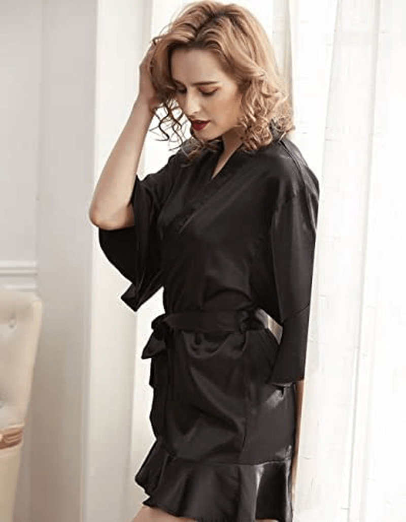 Zexxxy Women'S Satin Robes Ruffle Bridesmaids Bathrobe 3/4 Sleeve Silk Solid Kimono Sleepwear S-XXL Apparel & Accessories > Clothing > Sleepwear & Loungewear > Robes KYLIE MAX