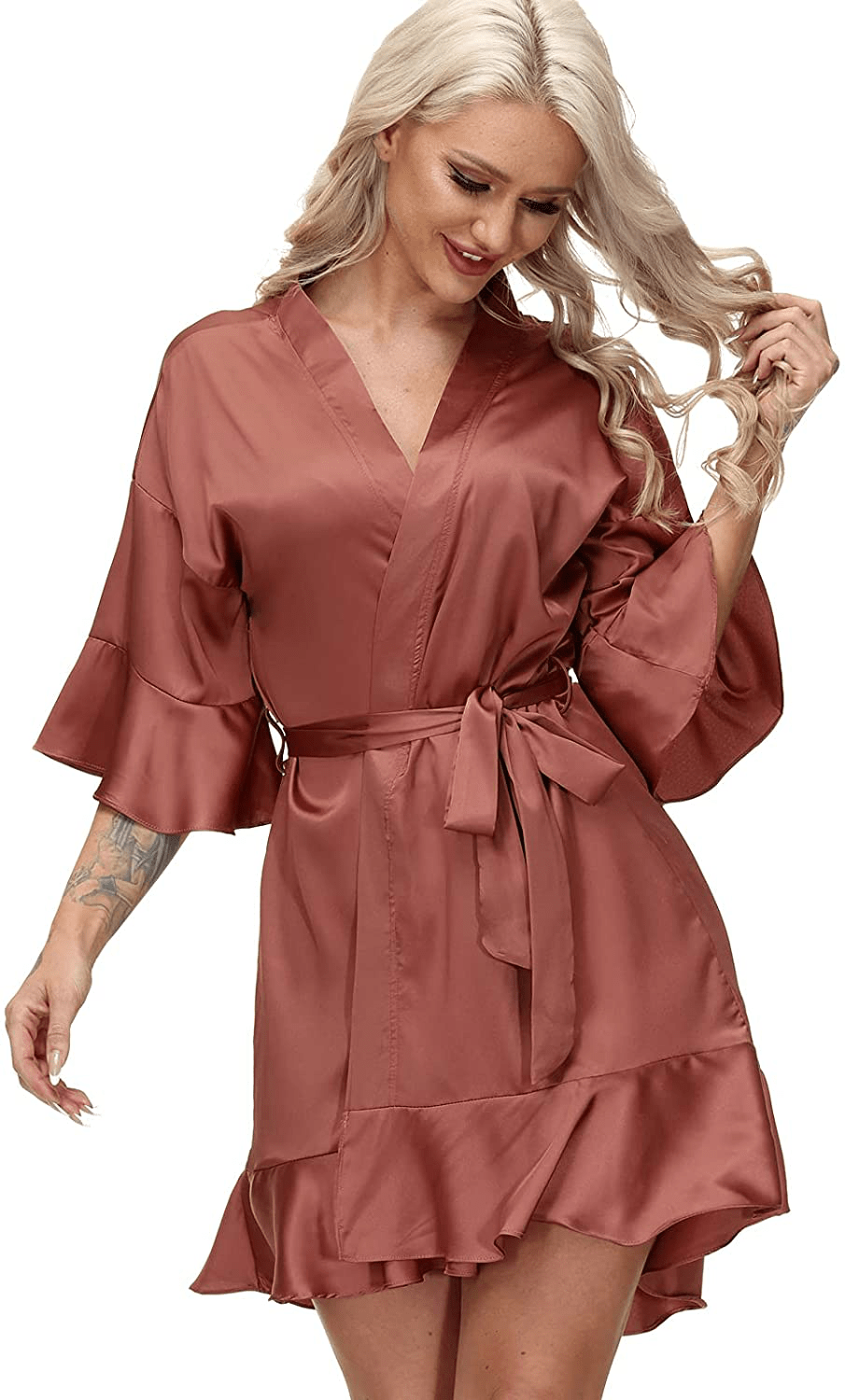 Zexxxy Women'S Satin Robes Ruffle Bridesmaids Bathrobe 3/4 Sleeve Silk Solid Kimono Sleepwear S-XXL Apparel & Accessories > Clothing > Sleepwear & Loungewear > Robes KYLIE MAX Canyon Large