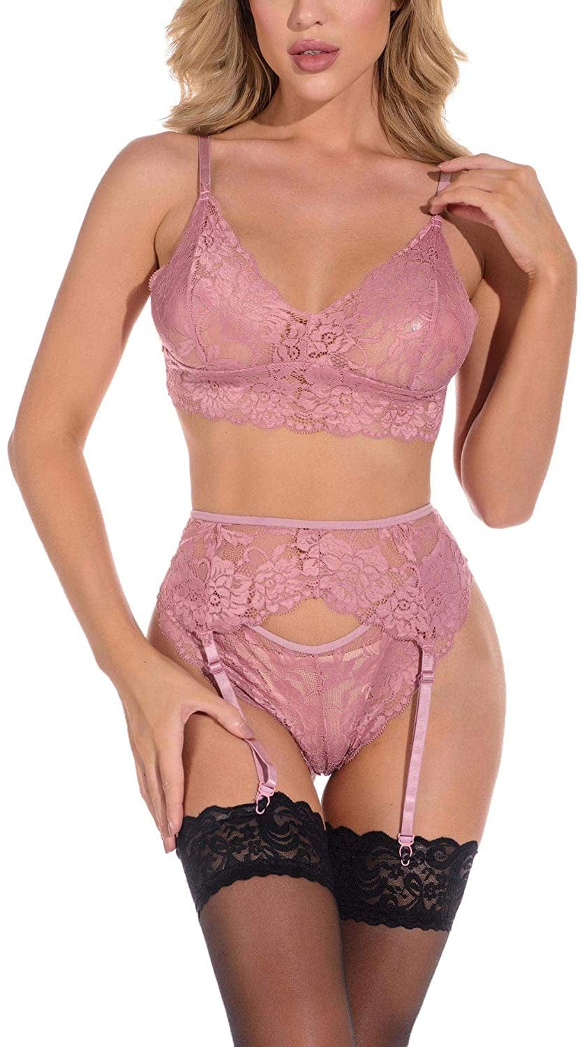 Zhenaly Women Lingerie Set Lace Teddy Strap Babydoll Bodysuit with Garter Belts(Stockings Are Not Included) Light Pink / XX-Large